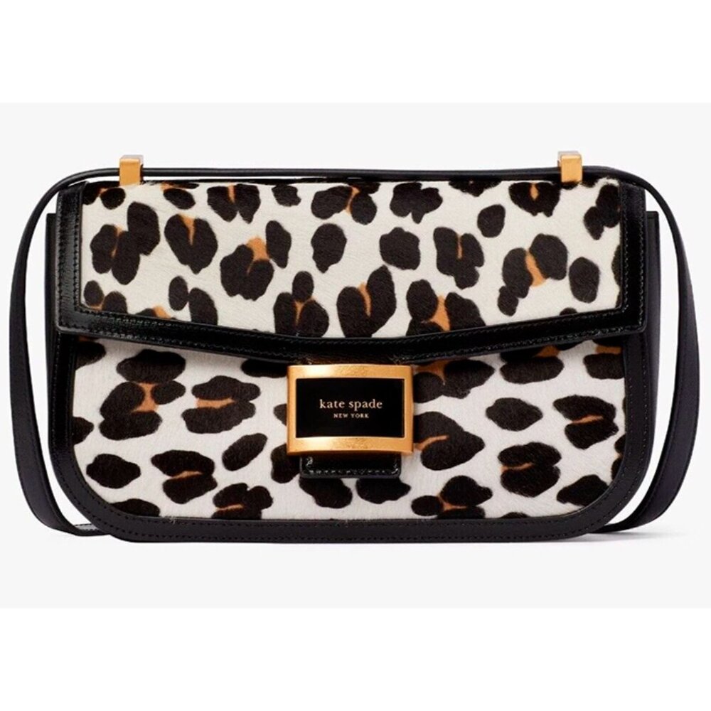 S Kate Spade Katy Shoulder Bag Leopard Calf Hair Black Leather Leopardo K8825